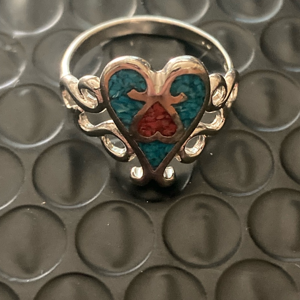 Silver Heart Inlay Ring with Turquoise and Coral Accents